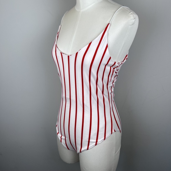 ON THRED UP - Gaze Red&White Striped Bodysuit Tank Rope Strap Double Lining - Picture 3 of 15